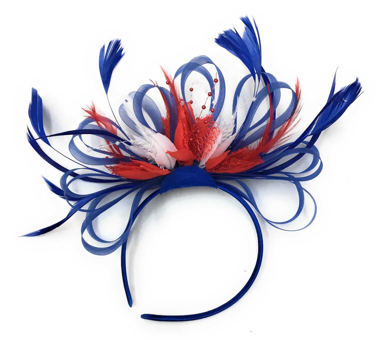 Caprilite Union Jack Royal Blue White and Red Feather Hair Fascinator on Headband Alice Band Royal Wedding Party Ascot Races