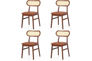 GOFLAME Wooden Dining Chairs Set of 4, Mid-Century Modern Kitchen Chairs with Upholstered Seat & Rattan Backrest, Faux Leathe