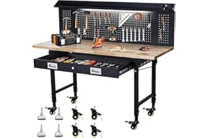 EUKER Heavy Duty Workbench 60" with Rubber Wood Top and Pegboard – Adjustable Rolling Worktable with Drawer Storage, Power Outlet & Lockable Wheels, 2000 lb Capacity Hardwood Workbench for Garage, Workshop