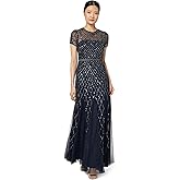 Adrianna Papell Womens Short-Sleeve Grid Beaded Gown
