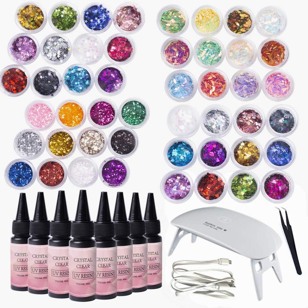 Crystal Clear UV Resin 8x30ml with Foldable Lamp & Tweezers with 48 Holographic Glitter Sequins Multishape for Resin Jewelry Making DIY Pendants Earrings Keychains Necklaces Nail Art Accessories