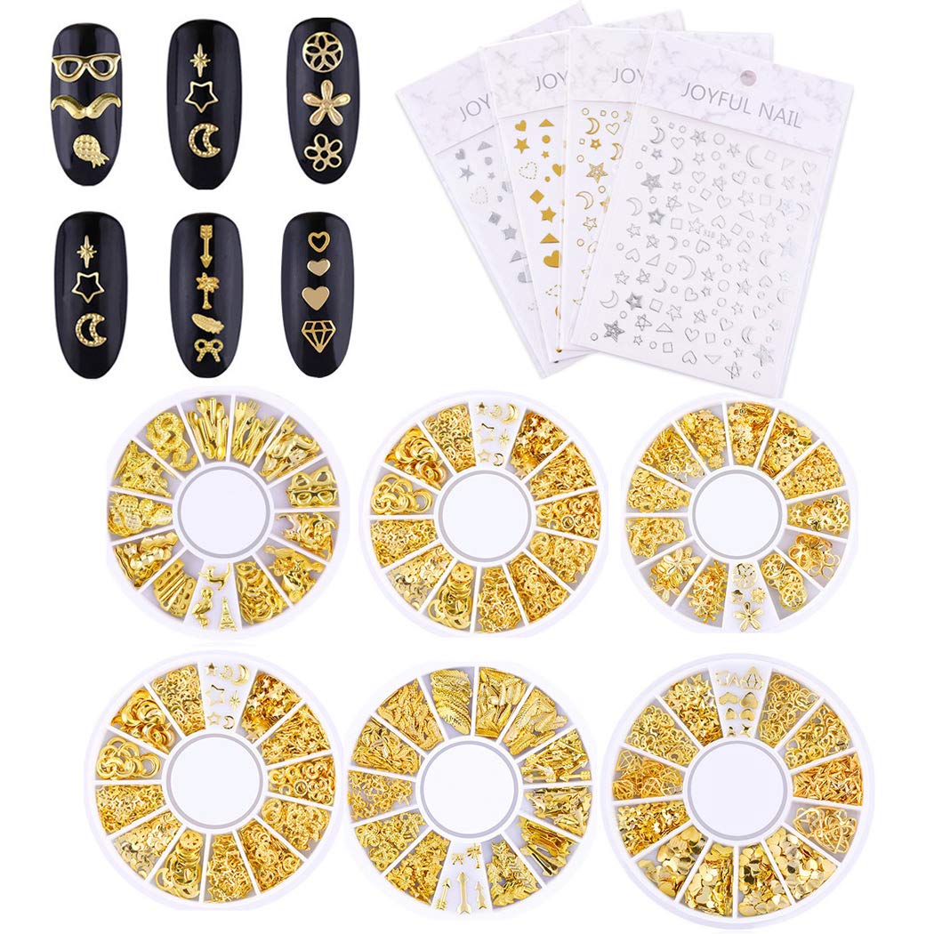 SIPLIV Metal Nail Art Rivet Stripe Heart Hollow Out Star Moon Floral Plants Rivet Nail Art DIY Decoration (6 Boxes) with A Nail Art Star Moon Stickers (4 Pcs) - Gold — image 1