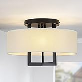16" Semi Flush Mount Ceiling Light 3-Light Ceiling Mount Light Fixtures with Woven Textured Cream Fabric Shade Black Metal Fr