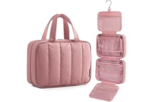 BAGSMART Travel Toiletry Bag for women, Portable Hanging Hook Makeup Bag Organizer, Waterproof Makeup Cosmetic Bag, for Full-Size Accessories, Toiletries, Dusty Rose