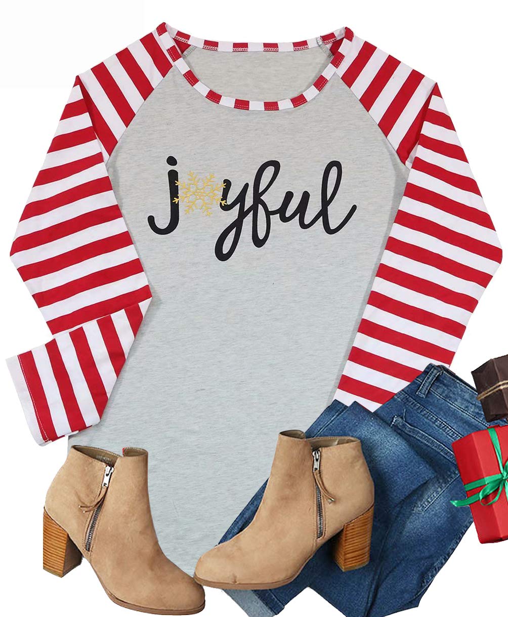 LUKYCILD Women Christmas Joyful Snowflake T-Shirt Top Stripe Sleeve Baseball Shirt