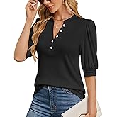 Ohhettm Summer Tops for Women 2026 Trendy Dressy Casual Blouse Puff Short Sleeve Shirts Knit Henley V Neck T Shirt Tunic