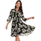 Hobemty Women's 3/4 Sleeve Floral Dress V Neck Button Up Chiffon A-Line Flowy Summer Dresses