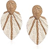 Chanaiqw Raffia Long Leaf Earrings Colorful Handmade Rattan Leaf Drop Dangle Earrings Summer Tropical Beach Jewelry