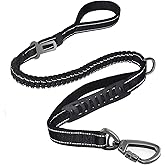 Fashion&Cool Heavy Duty Dog Leash Especially Large Dogs Up to 150lbs, 4-6 Ft Reflective Dog Walking Training Shock Absorbing Bungee Leash Car Seat Belt Buckle, 2 Padded Traffic Handle Extra Control
