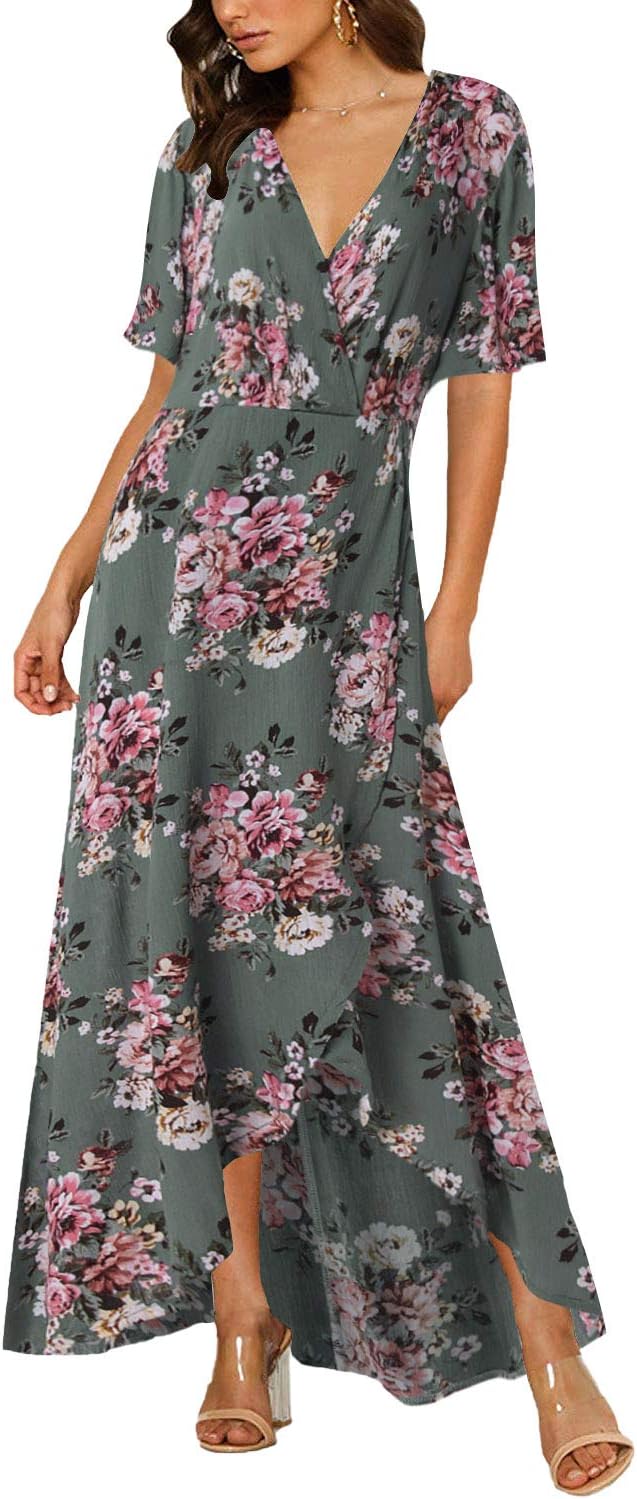 Women Floral Maxi Dress Short Sleeve Sexy Wrap V Neck High Waist Split Sundress Bohemian Beach Cover Up Summer Long Dresses