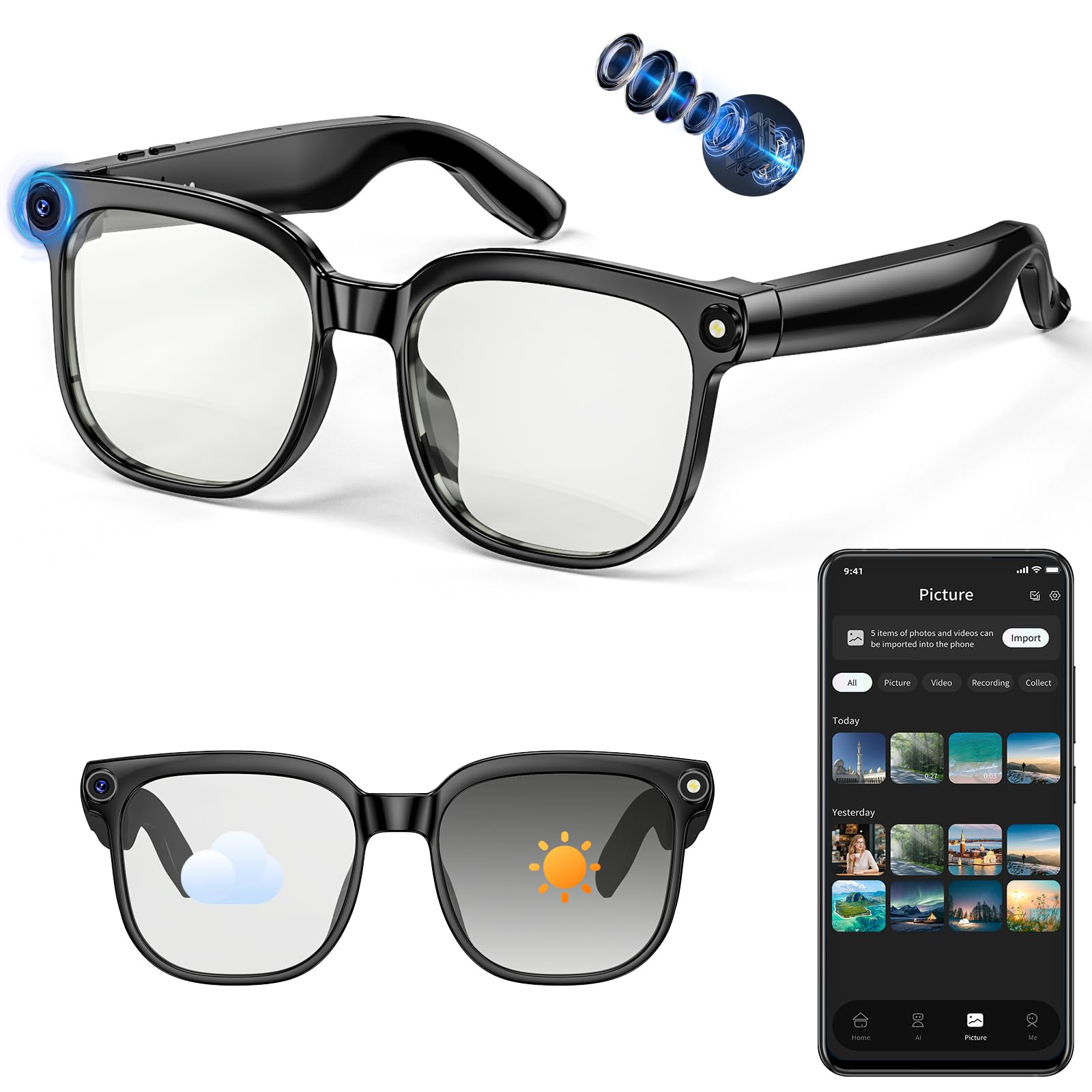 Photo 1 of AI Smart Glasses with Camera, 4K 800W HD Video Recording Glasses with Audio, Bluetooth Sunglassess with Camera, Real-Time Translation, Voice Assistant, Object Recognition, Hands-Free Music Calls