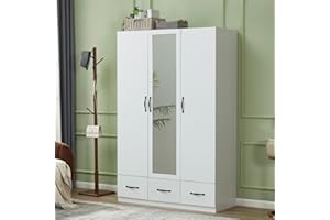 Sophshelter 3 Door Armoire Wardrobe Closet with Mirror, 3 Drawers Wood Armoire Closet Cabinet Wardrobe Mirror for High Storage Capacity, White Closet Cabinet with Hanging Rod 47.3"L x 20.3"W x 74.2"H