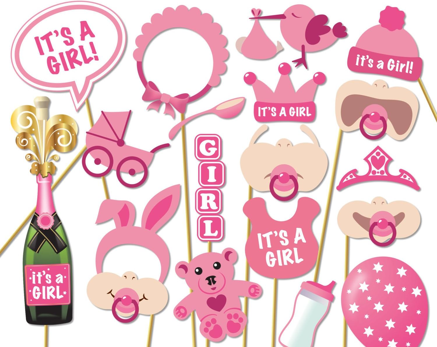 CCINEE 18 Pieces Kits Party Photo Booth Props,Baby Shower Girl Photo Props, Pink 18pcs