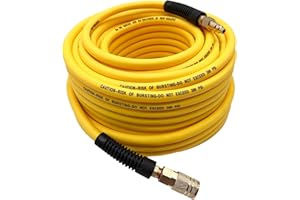 SYXQT Hybrid Air Hose 1/4-Inch x 100FT，Air Compressor Hose 300 PSI Heavy Duty, Lightweight, Kink Resistant, All-Weather Flexibility with 1/4-Inch Industrial Air Fittings and Bend Restrictors,Yellow