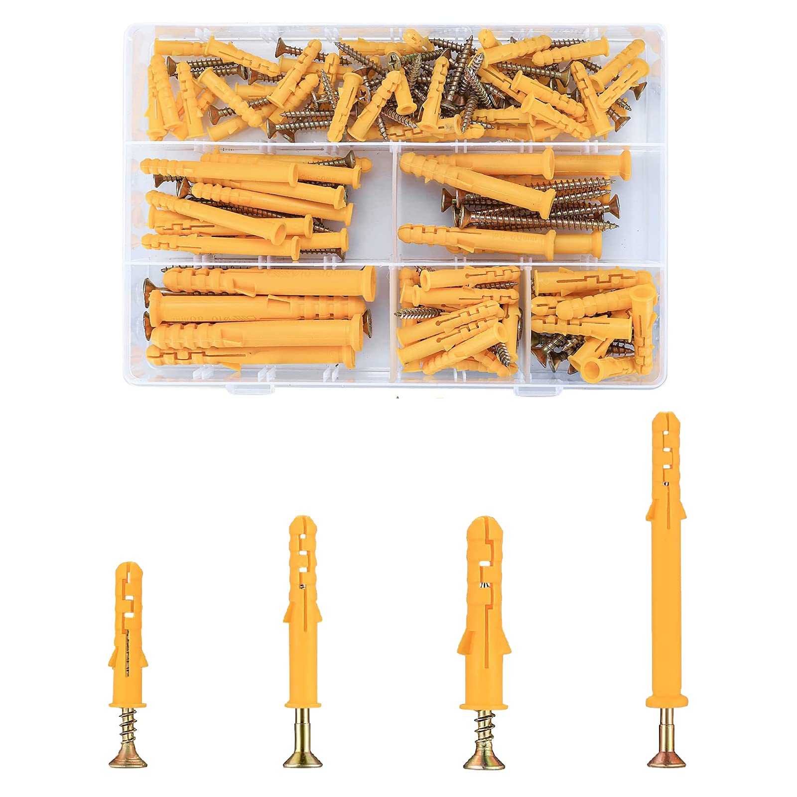 110 PCS Wall Plugs & Anchors Set – 4 Sizes M6/M8 Hollow Wall Anchors for Brick, Concrete, Masonry, Drywall – 55 Self-Tapping Screws & 55 Expansion Pipe Bolts