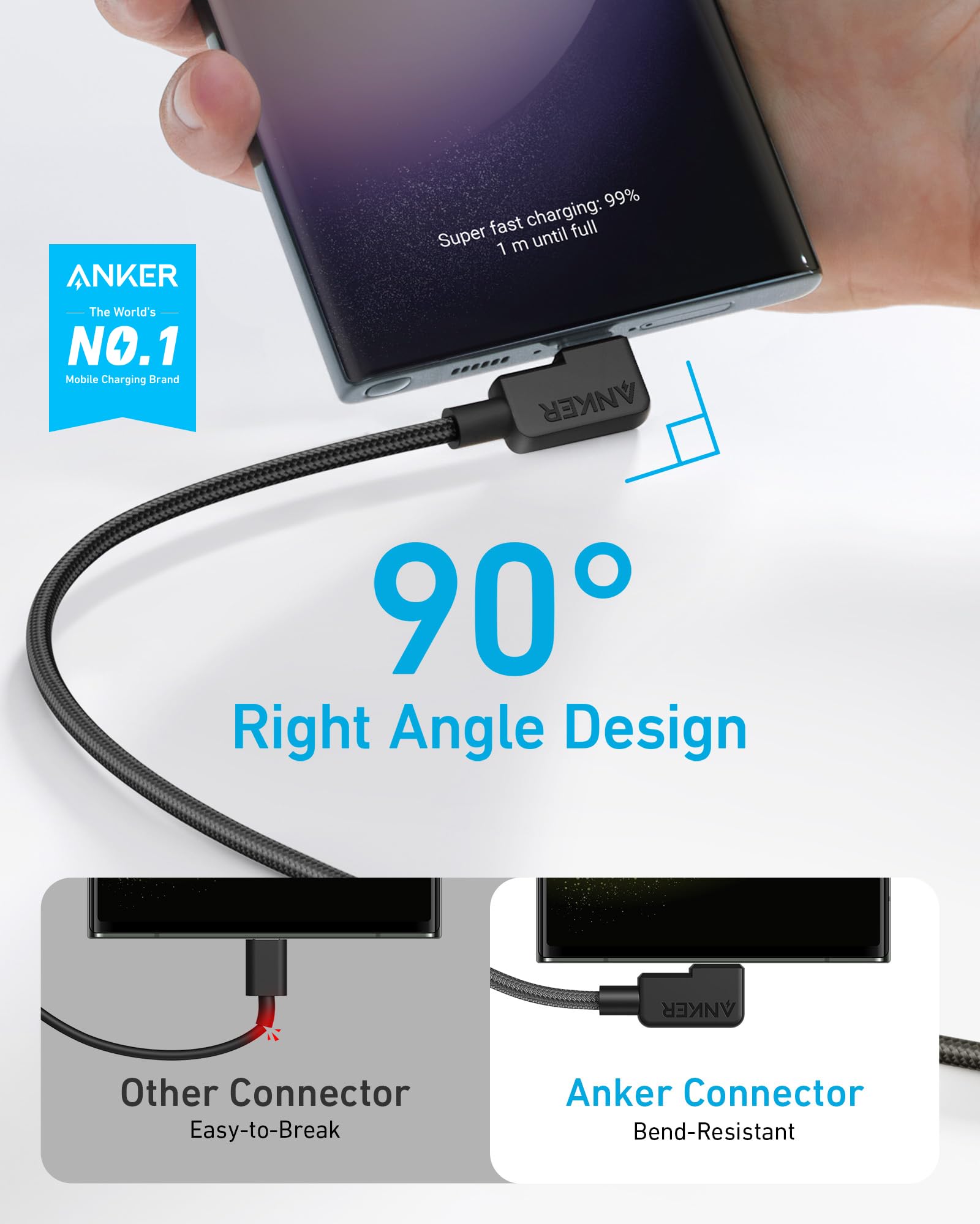 Anker Cable [2 Pack 6FT], Right Angle USB A to USB C Braided Cable, Durable 90 Degree Type C Cord for Samsung Galaxy Note 10,LG V30 (Black)