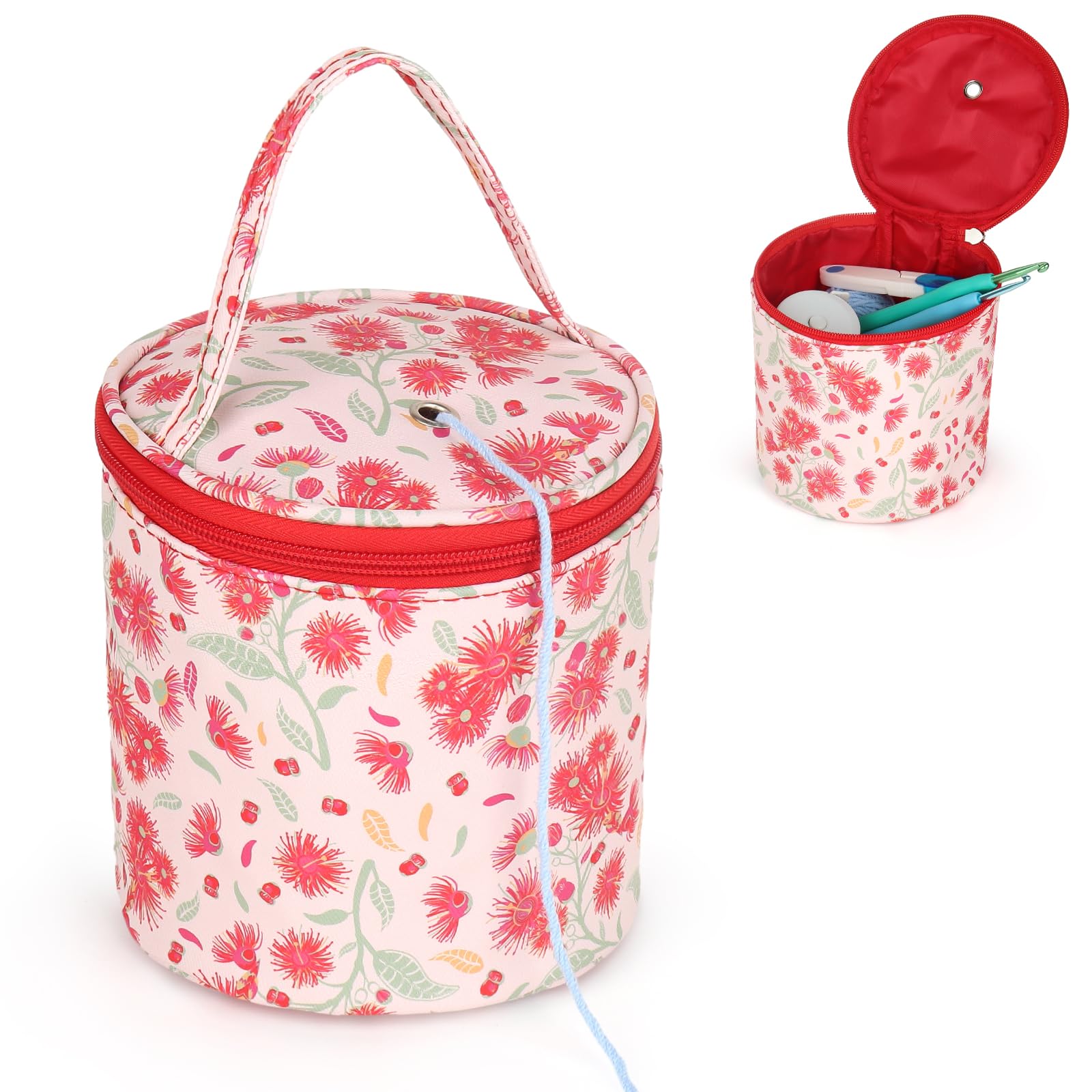 Aeelike Small Portable Knitting Yarn Bag With Hole, Crochet Storage Bucket for Wool and Hooks, Mini Round Container for Beginners & Children, On The Go, Red Dandelion