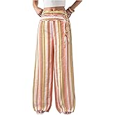 MakeMeChic Women's Striped Wide Leg Pants Tie Front Boho Travel Pants Fall Trousers
