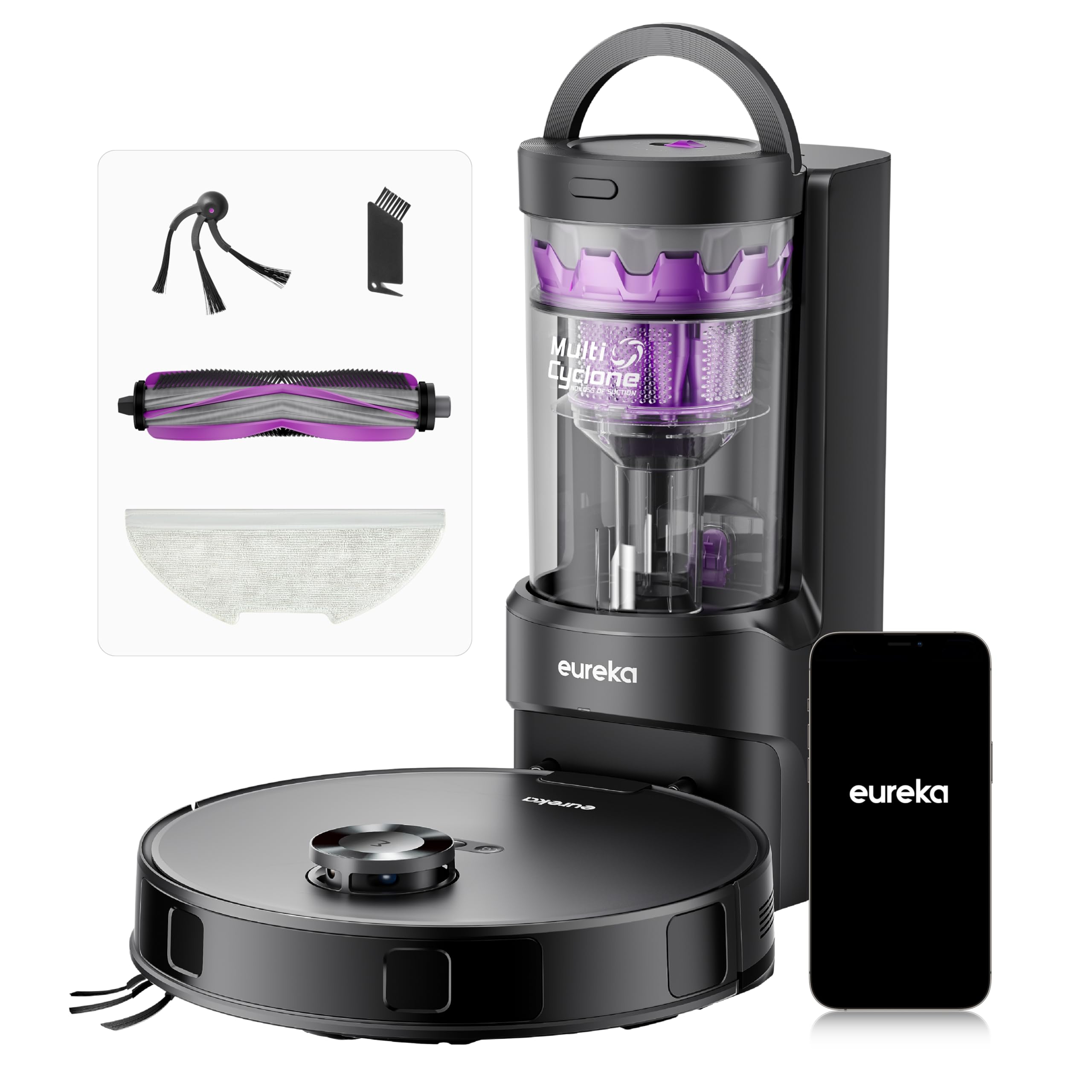 Eureka E20 Evo Plus Saugroboter mit Wischfunktion Absaugstation beutelloser, Saugroboter 10000 Pa, Saug Wischroboter mit Selbstentleerung, Anti-Wickel für Tierhaare, Hartböden, Teppiche