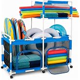WXPBKC Pool Float Storage Organizer, 2-Tier Poolside Rolling Cart with Mesh Sides, Pool Noodle Holder, 6 Wheels, 2 Lockable, Outdoor Storage for Floats, Balls, Towels, Toys, Blue