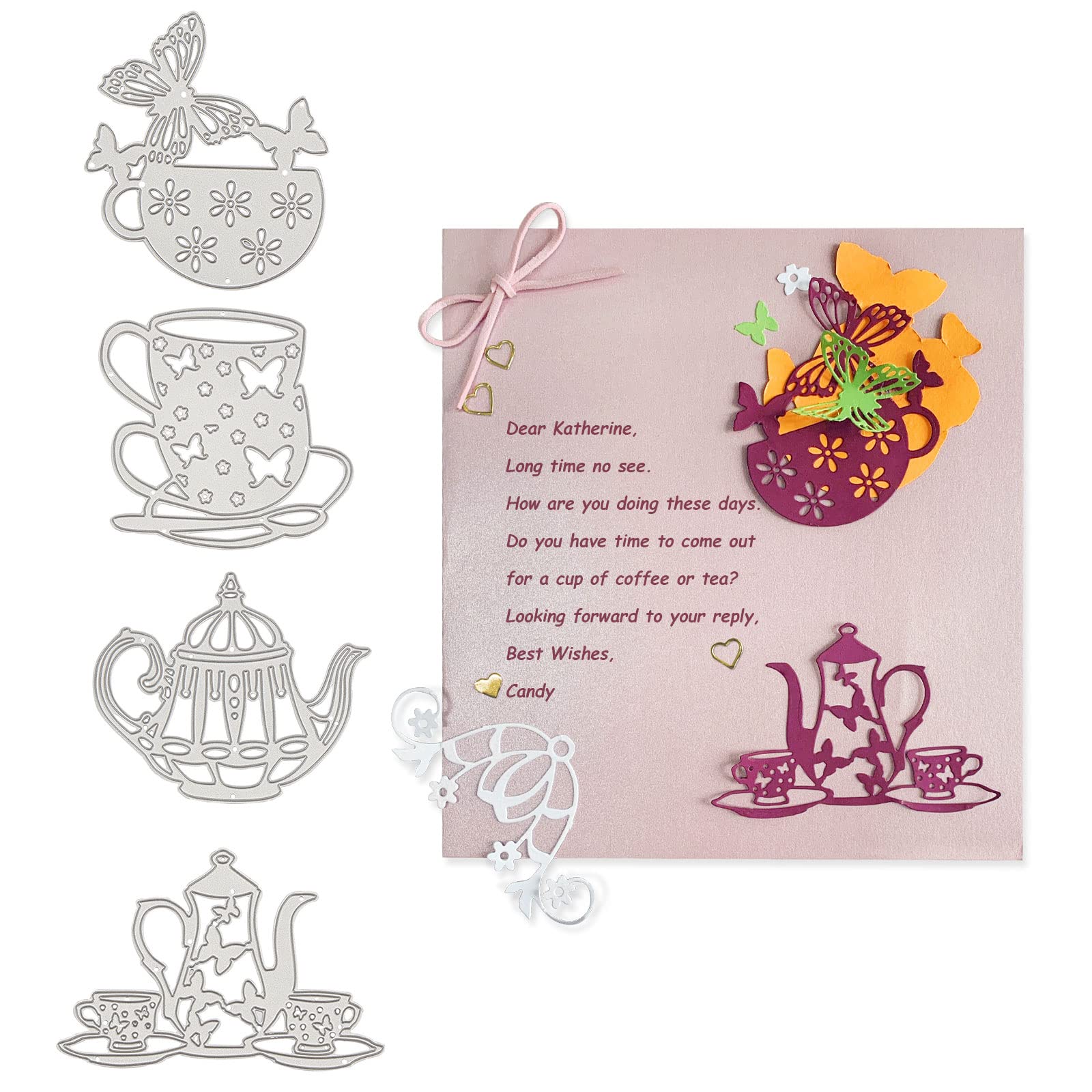 GLOBLELAND Metal Teapot Tea Cup Cutting Dies Tea Cup with Butterfly Die Cuts Template for Scrapbook Embossing Album Paper Card Craft Festival Decor