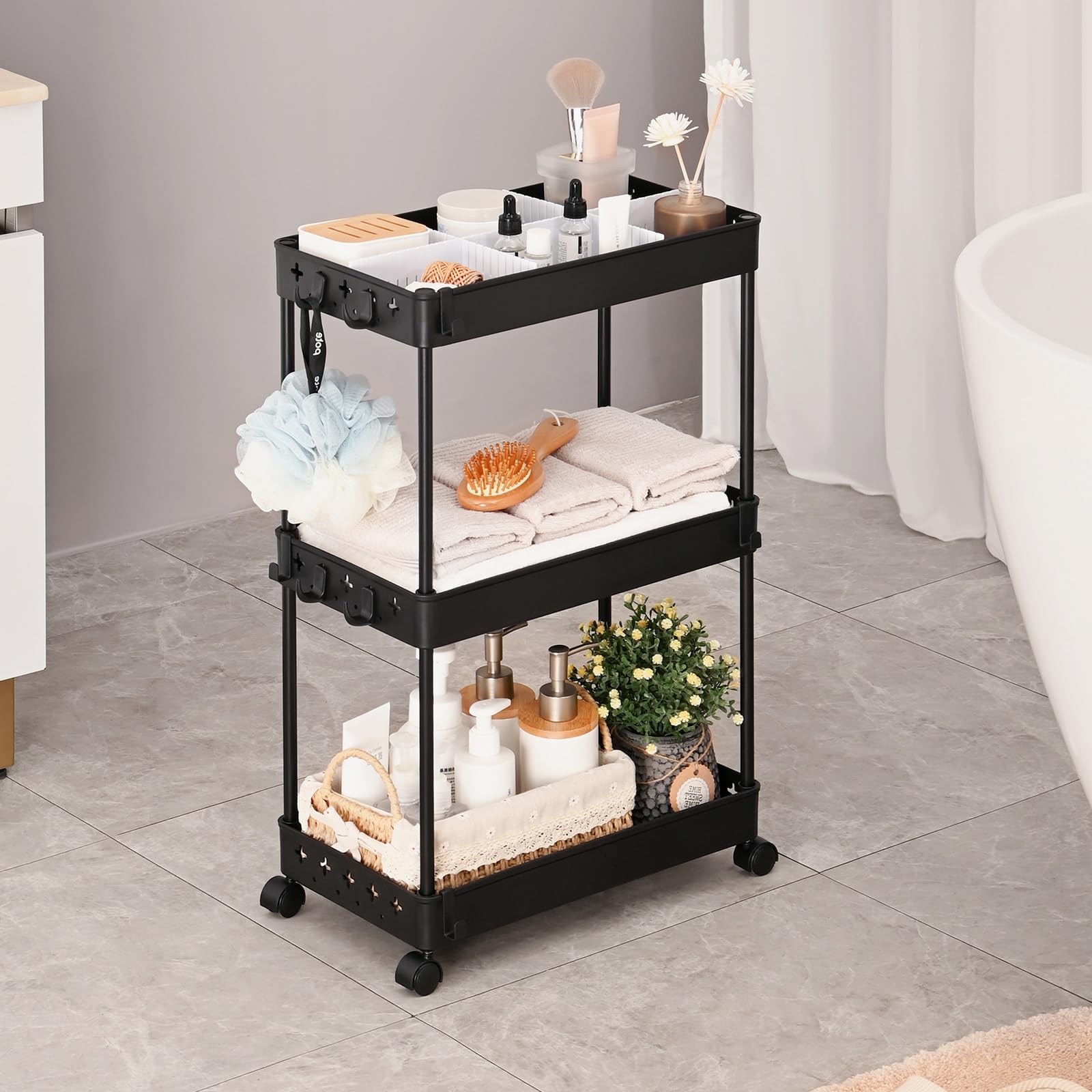 3 Tier Rolling Utility Cart With Lockable Wheels & Hanging Cups & Hooks