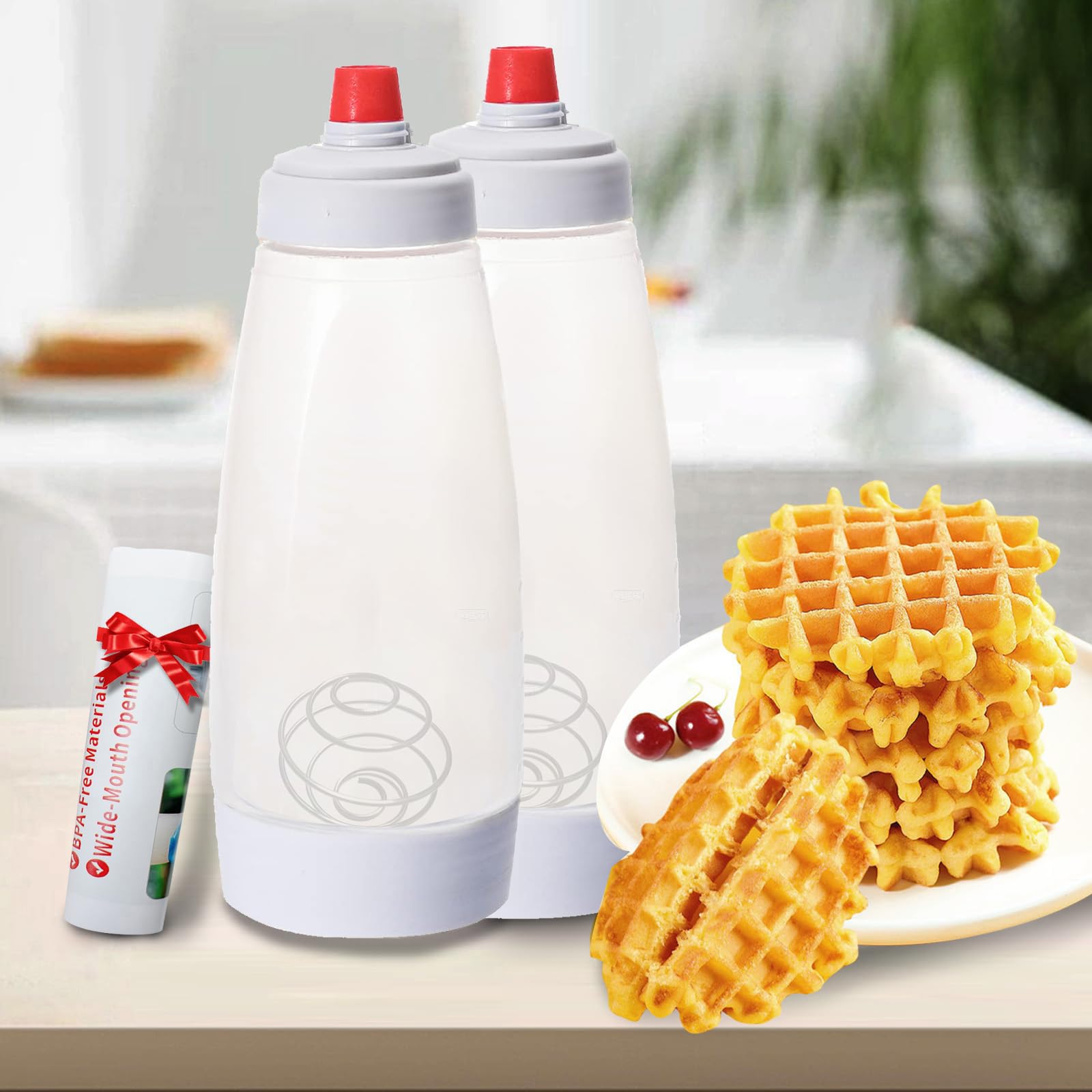 Photo 1 of *** 1 PC *** Pancake Batter Dispenser Waffle Batter Dispenser and mixing ball Batter Bottle, For Cupcake Baking Pancakes, Cake Or Any Baked Goods (2PC)