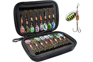 Vkinman 16 Pcs Fishing Lures Spinner Bait with Treble Hooks for Bass Trout Salmon Fishing Tackle Spinnerbait Spoons Metal Seq