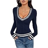 SweatyRocks Women's Striped V Neck Long Sleeve Sweater Preppy Cable Knit Fall Going Out Pullover Tops