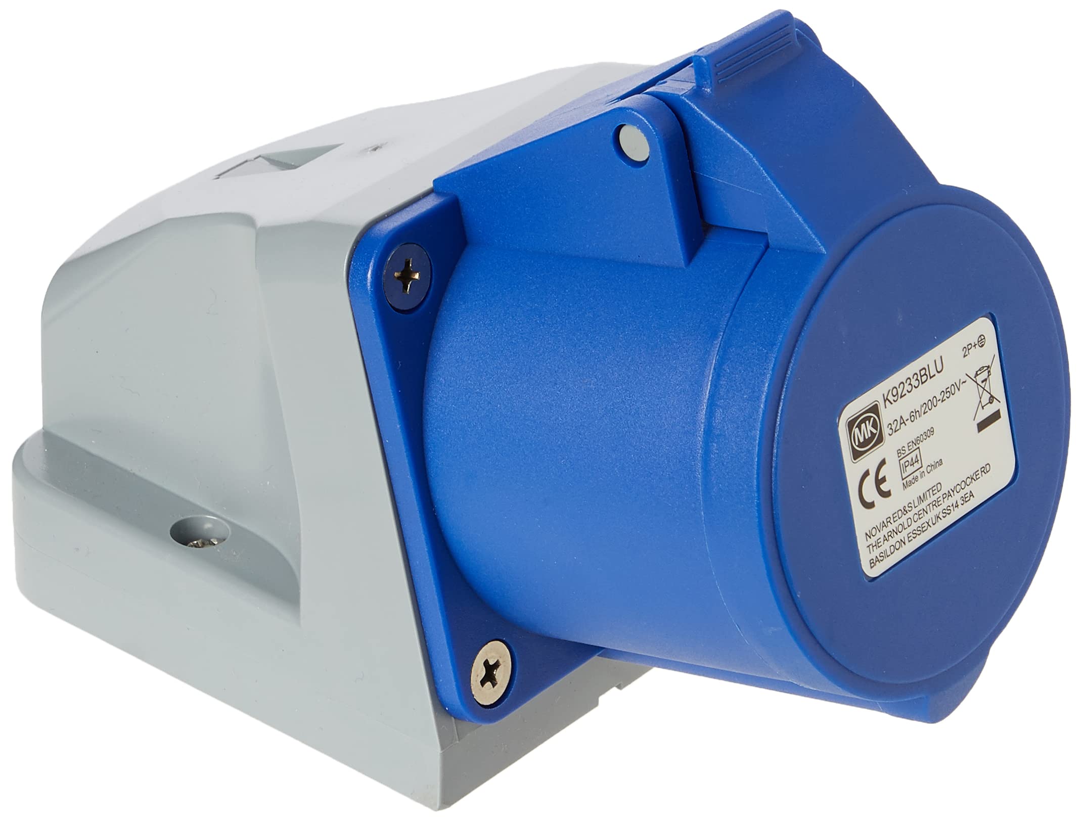 MK Commando K9233 32A 2P+E 200-250V Angled Socket Outlet (IP44) - Blue