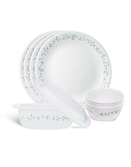 Corelle Vitrelle Glass Country Cottage Gift Serve and Snack Set, 9-Pieces, White/Green