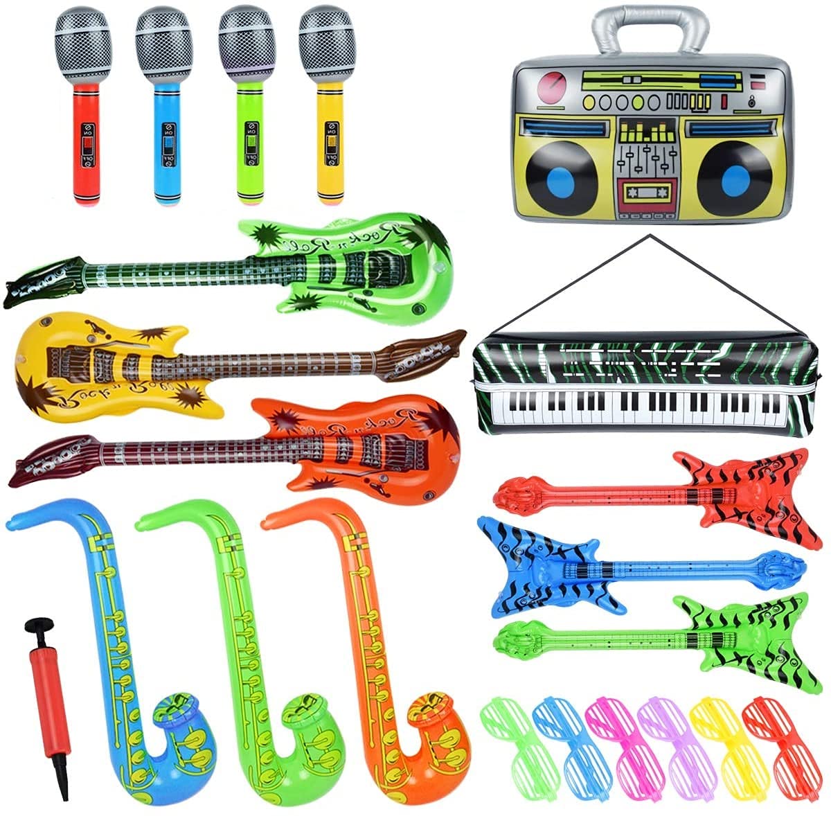 LATERN 22Pcs Inflatable Musical Instruments, Inflatable Rock Star Guitars Saxophones Microphones Radio Keyboard Basses and Glasses for Favors Decoration Photo Booth Props - with Air Pump