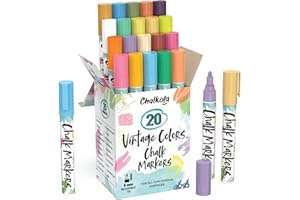 CHALKOLA Liquid Chalk Markers for Chalkboard Erasable (20 Vintage Colors) - Bold Dry Erase Marker Chalk Pens for Blackboard, Windows, Bistro, Glass - 6mm Reversible Tip