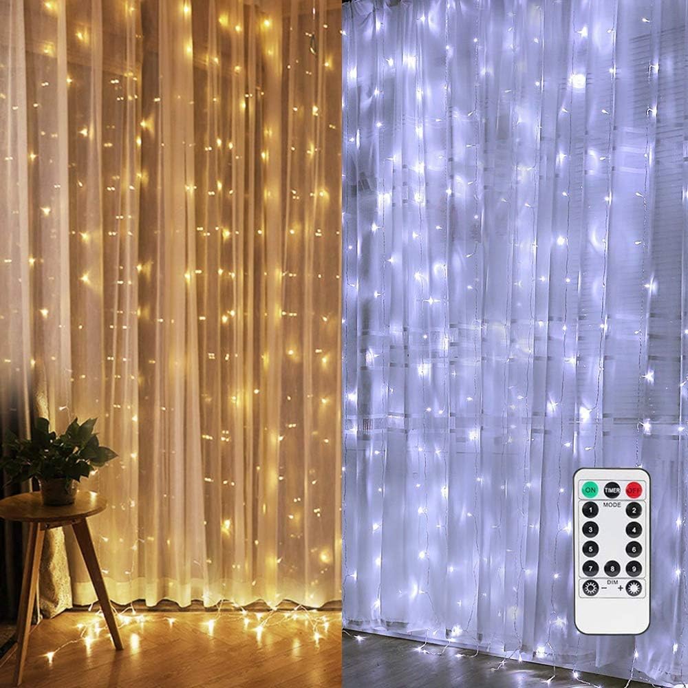 WUJUN Curtain String Light, 2 Colour Changeable 300LED 3M x 3M with End-to End Plug, Fairy Christmas Lights Wedding Garden Bedroom Outdoor Indoor Wall Decorations, Warm White & Cool White