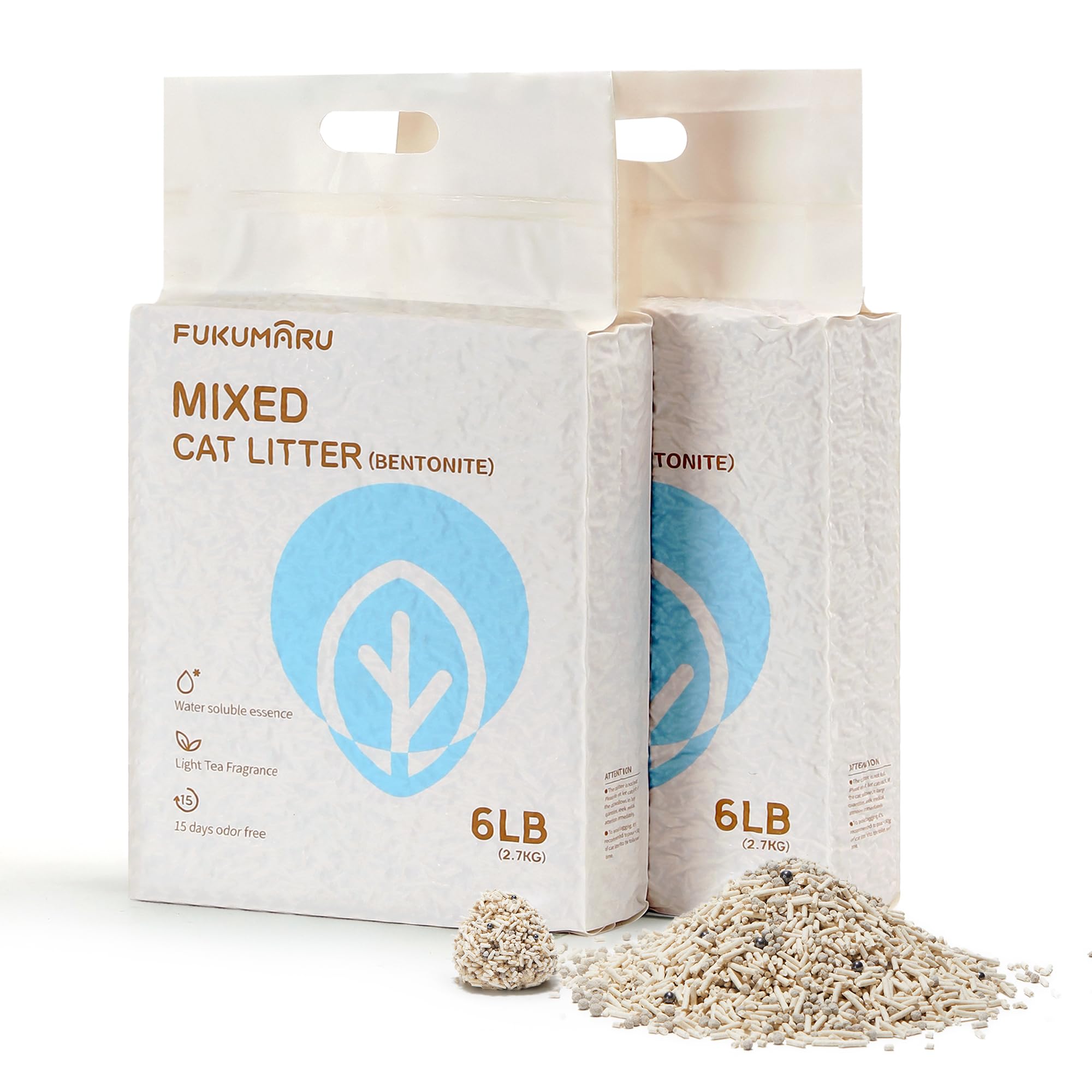 FUKUMARU Mixed Tofu Cat Litter, Strong Clumping Cat Litters, Effective Oder Control, Dust Free and Ultra Absorbent Flushable Bentonite White Tea Cat Litter, Direct to Toliet, 5.4Kg(2 Packs)