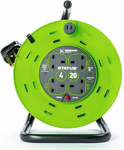 STATUS 4 Socket Cable Reel 20m Green 13A Heavy Duty Outdoor Extension Lead