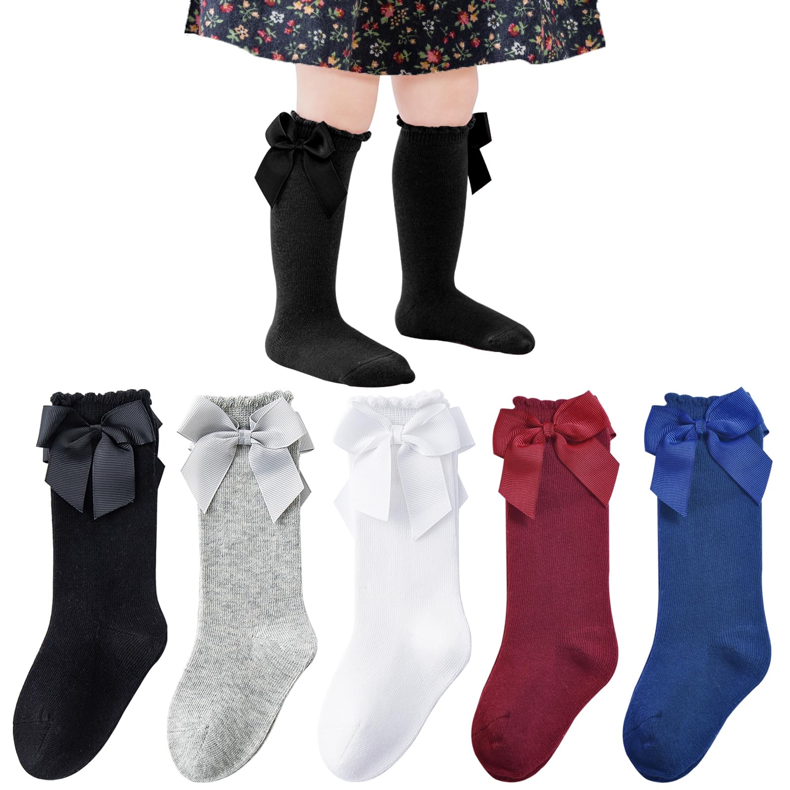 Photo 1 of Mini angel Baby Knee High Socks Toddler Long Socks Girls Bow Ruffled Knee Socks Cotton Tube Stockings Dress Socks, 2-4 Years (Black White Grey Red Navy, 5 Pairs)