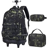 ACESAK 3PCS Camo Rolling Backpack for Boys with Lunch Box Pencil Case | Camo Backpack with Wheels for Boys Tactical Military Kids Suitcase for Teens Elementary Middle High School (Camo Black)