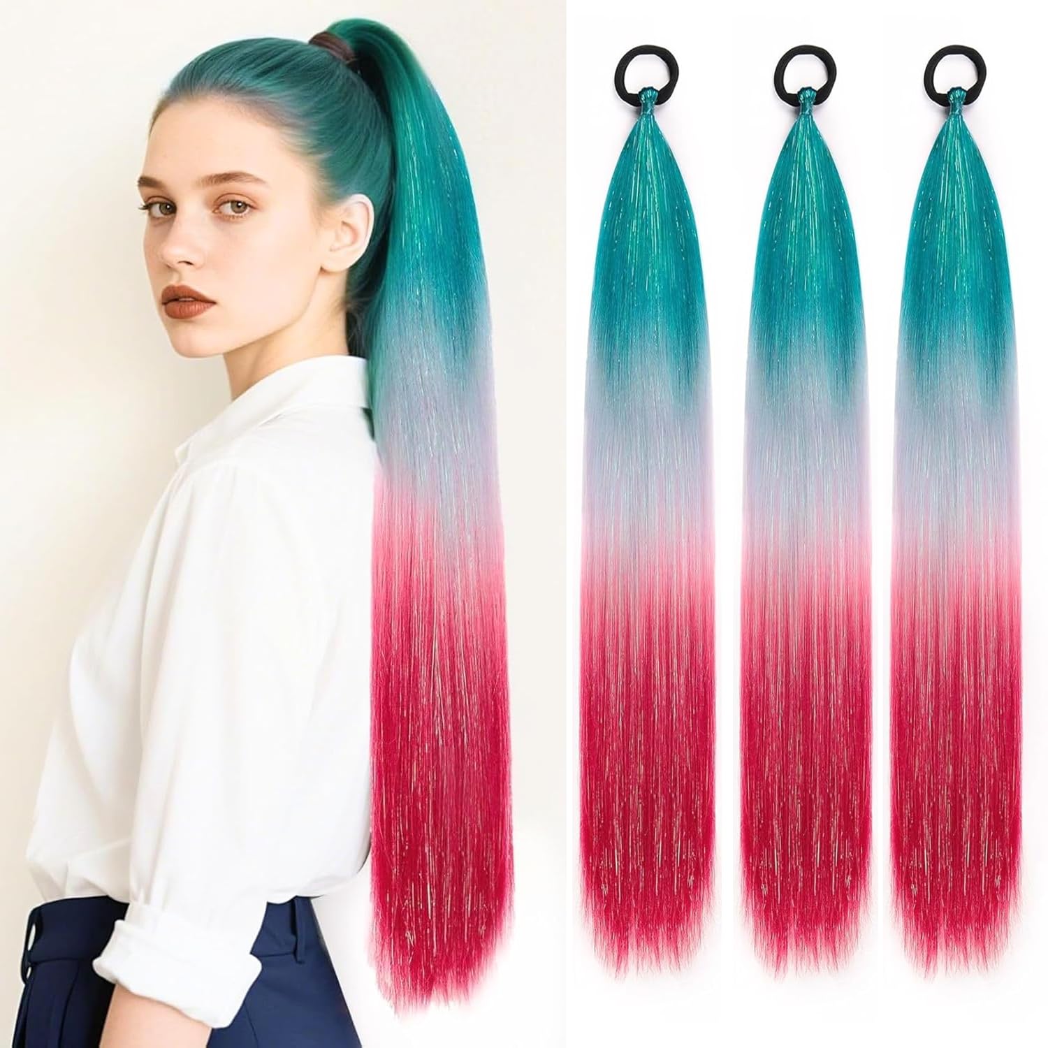 PORSMEER 3 Packs Ponytail Extension 24 inch Colored Hair Extensions for Braiding Rainbow Pony Tail Hair Extensions for Braids with Hair Tie Glitter Hair for Festival/Party,Green to Silver Grey to Red โ image 1