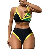 GORGLITTER Women's Triangle Jamaica Swimsuits Color Block High Waisted Bikini High Cut Thong Bathing Suit