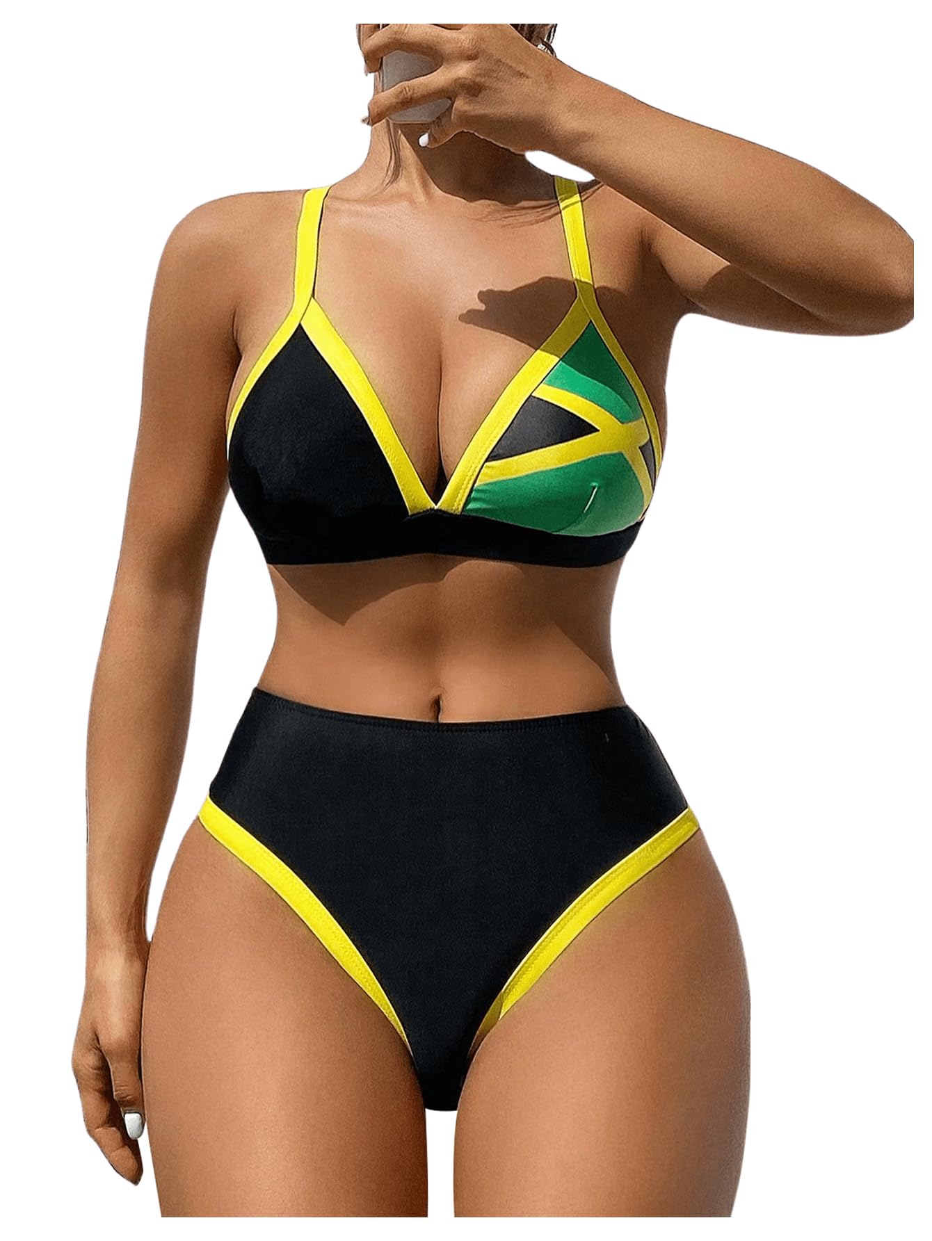 Photo 1 of GORGLITTER Women's Triangle Jamaica Swimsuits Color Block High Waisted Bikini High Cut Thong Bathing Suit Black Large