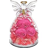 AZKAQA Preserved Rose Gifts for Women Birthday, Forever Flower in Glass Angel Figurines Fresh Flowers for Delivery for Mom Real Colorful Roses for Grandma Sister Wife Her from Daughter-Red (Pink)