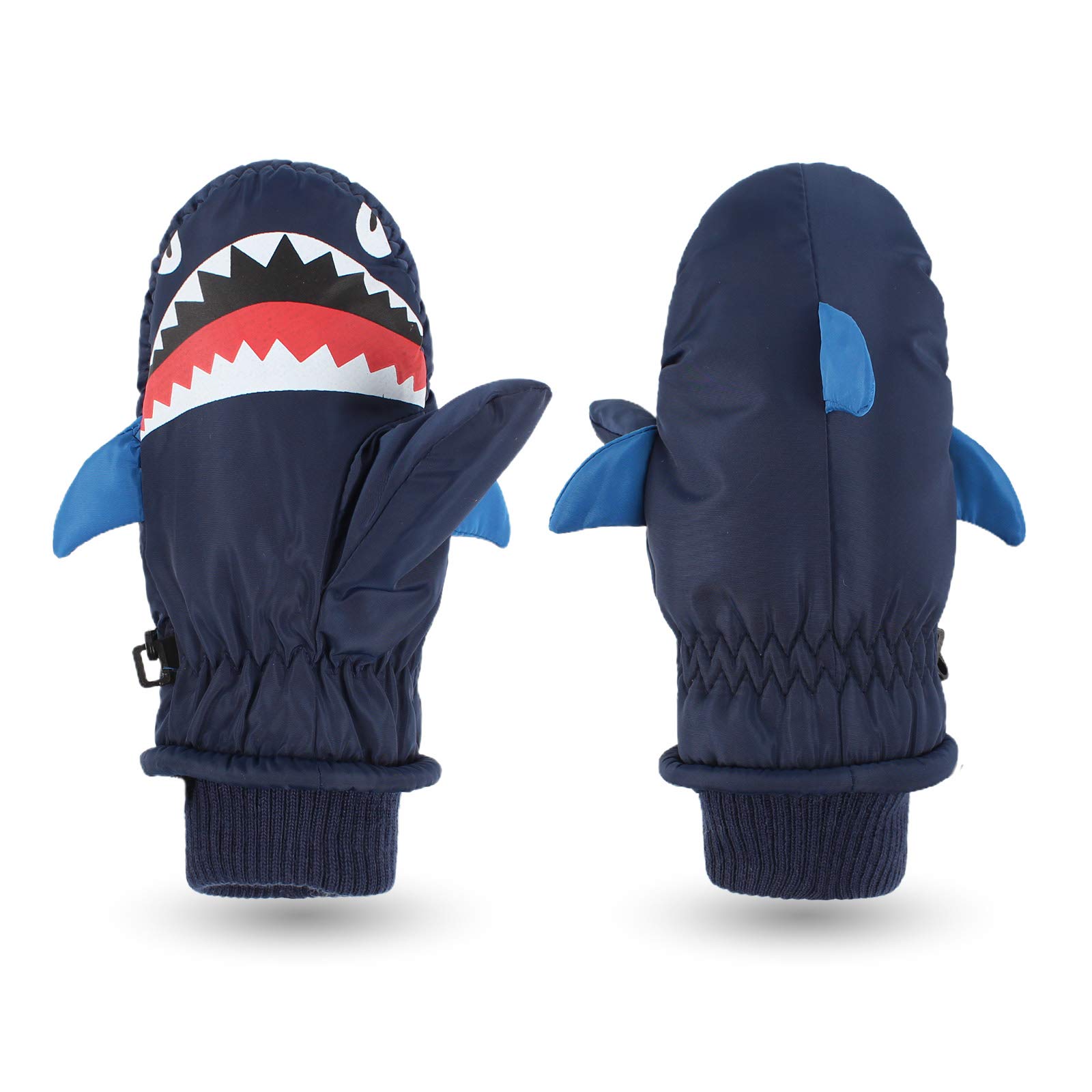 Pesaat Shark Waterproof Kids Gloves Warm Boys Girls Mitten For Winter Children Outdoor Glove With String (Navy)