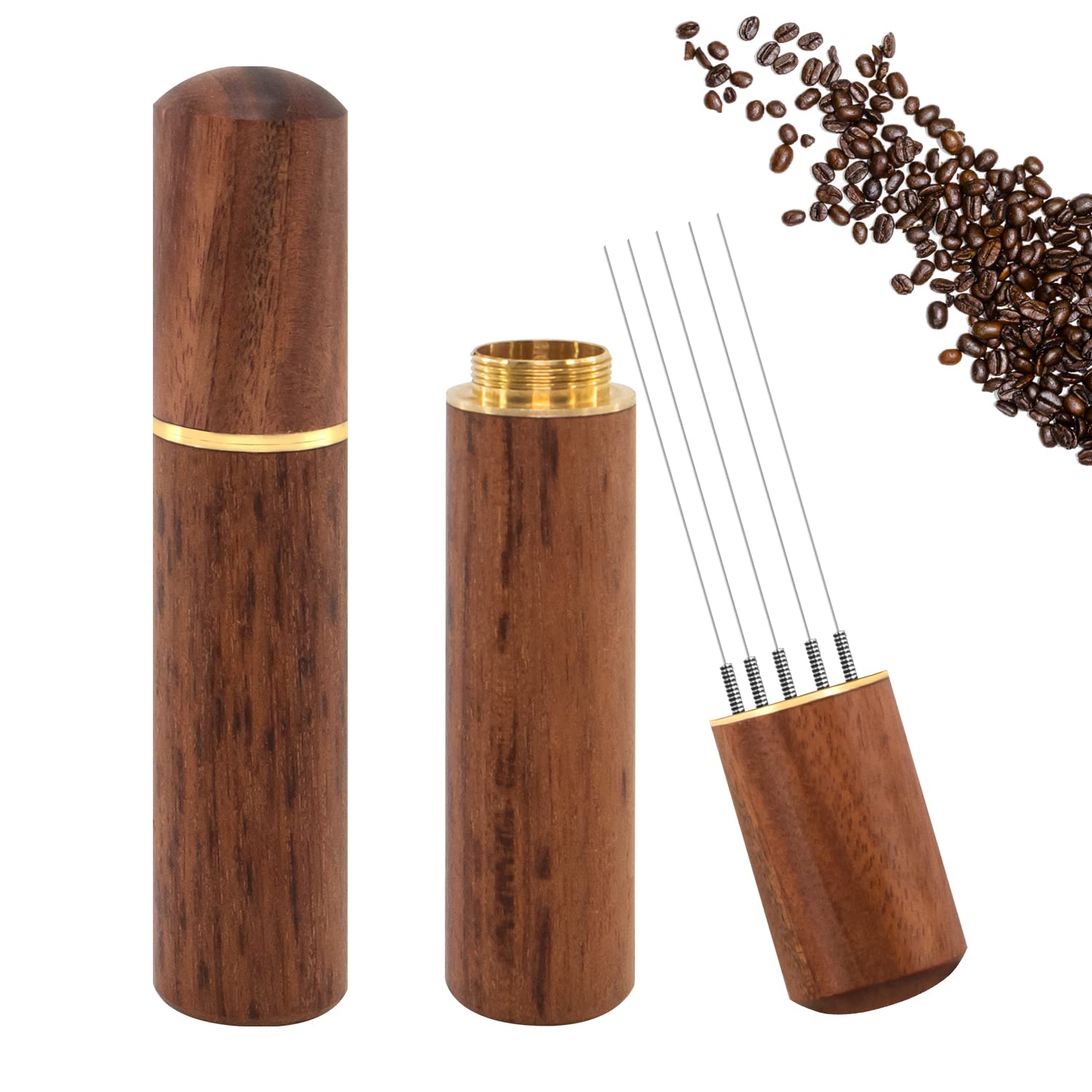 Espresso Coffee Stirrer, Espresso Distribution Tool Coffee Stirring Tool,Professional Barista Hand Needle Type Distribution Tool 5 Needles 0.4mm Natural Wood Handle and Stand