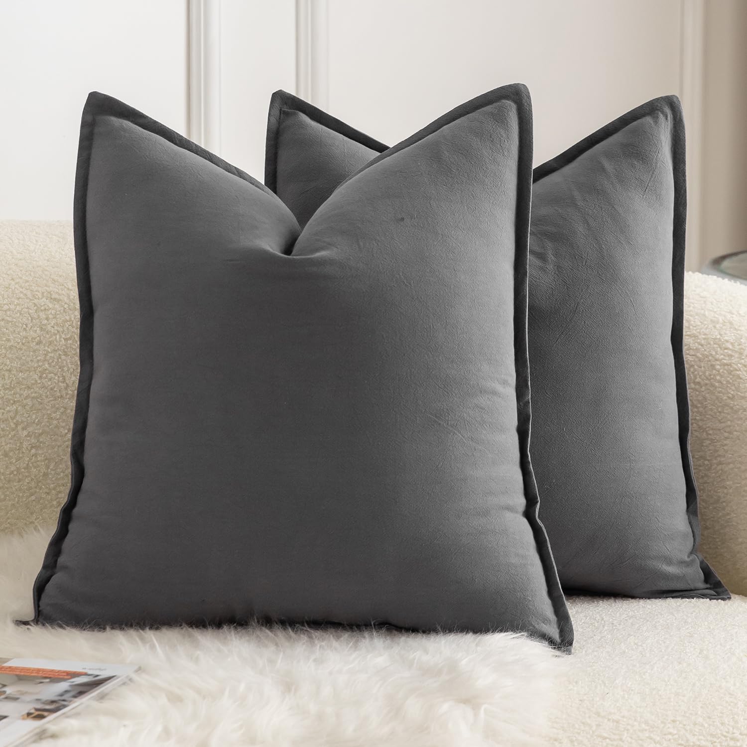 Mandioo Pack of 2 Neutral cotton Cushion Covers 45x45 cm 18x18 inch Solid Decorative Couch Throw Pillowcase Boho Farmhouse Home Decor for Sofa Living Room Bed Bedroom Grey