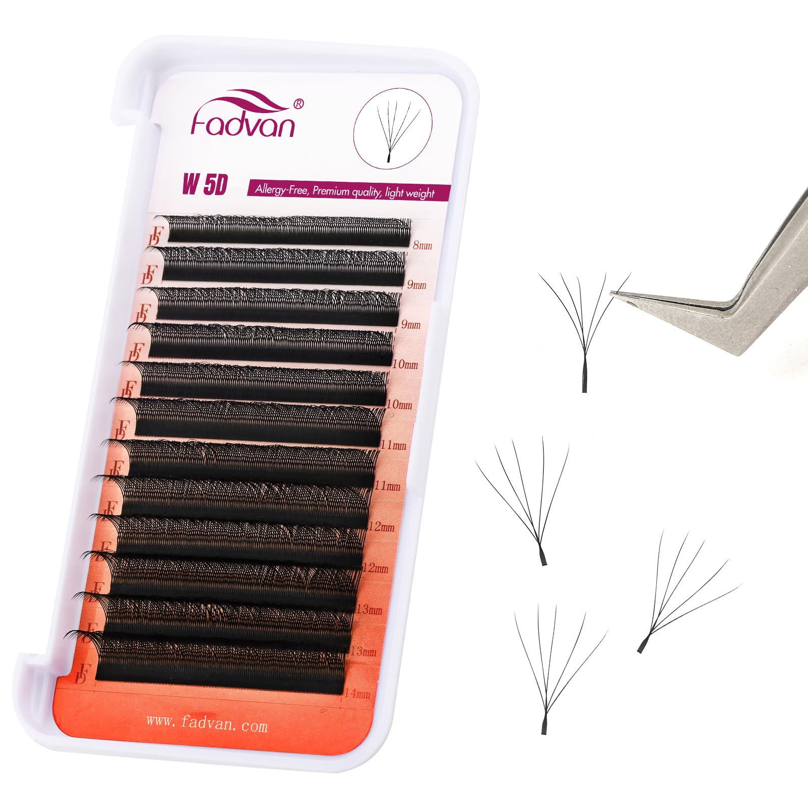 5D W Premade Fans Eyelash Extension 0.07D Curl Mixed 8-14mm W-Shape Pre Made Russian Volume Lashes by FADVAN Natural Matte Black — image 1