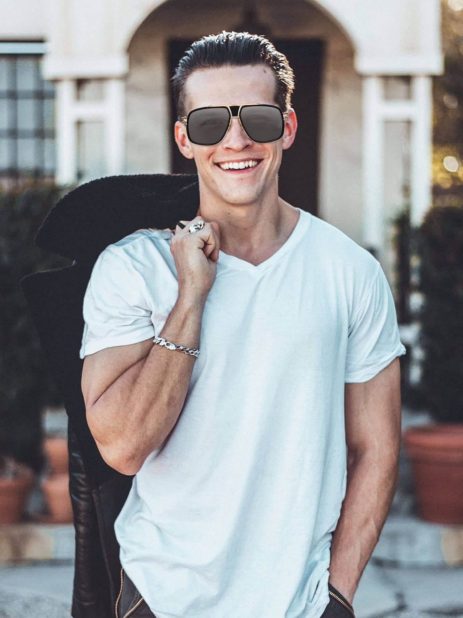 Frienda 3 Pairs Retro Sunglasses for Men Oversized Men Shades Glasses Fashion Alloy Metal Gold Frame Polarized Sun Glasses
