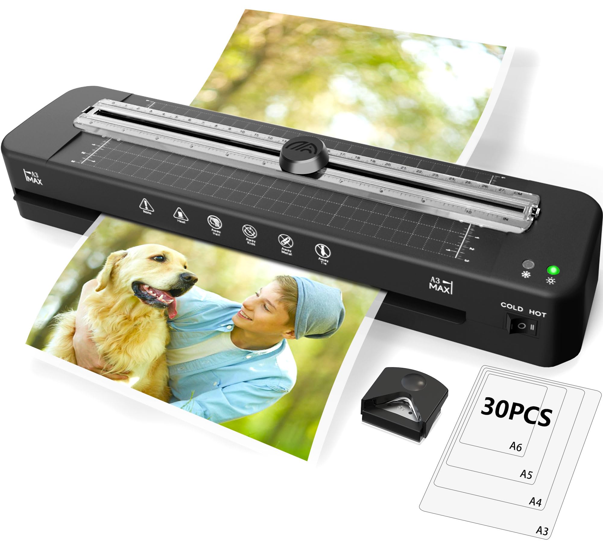 A3 Laminator Machine with 30 Laminating Sheets for A3/A4/A5/A6, Built-in Paper Cutter & Corner Rounder, Cold & Thermal Laminator for Classroom, Home Office, School