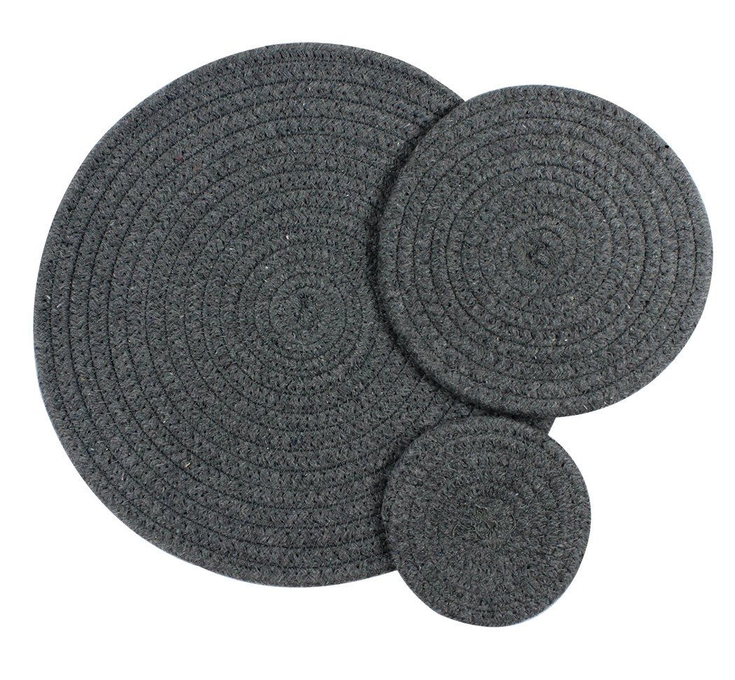 Ranvi Modern Colorful Woven Round Placemats Combination, Easy to Clean & Protects Your Tabletop, 3 PCS (Large, Medium, Small), Dark gray