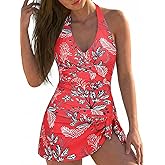 Firpearl Women's Underwire One Piece Swim Dress - Halter V Neck Skirt Bathing Suit Tummy Control Slimming Swimdress